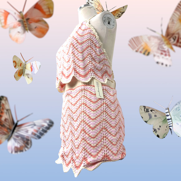 Women’s Crochet 2 Piece Set Skirt Cropped Top Backless Pink Orange Beige New WT - Picture 8 of 16